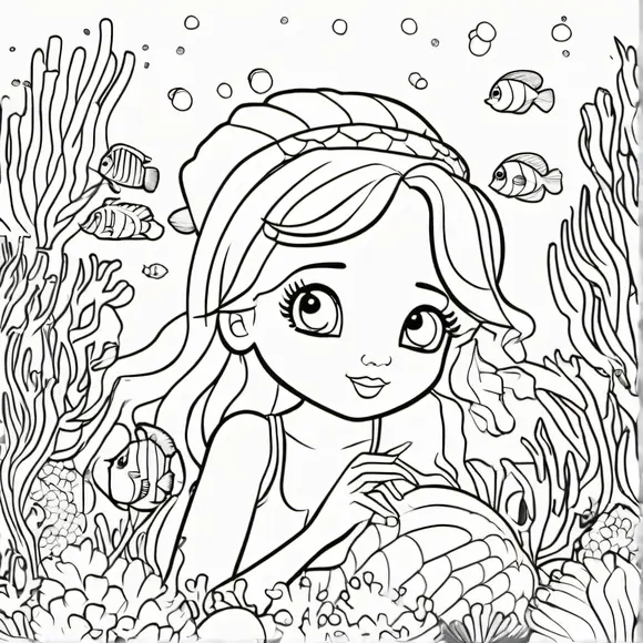 Little mermaid hiding in colorful coral reef