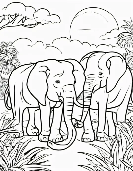 Color Jungle Elephants under the Sunset