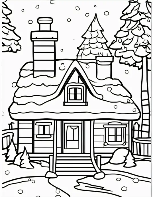 Santa's Snowy Cottage Coloring Page for Kids