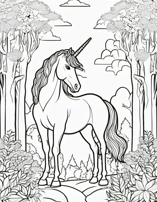 Magical Unicorn Forest Coloring Scene for Kids