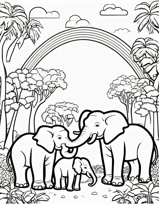 Color Jungle Elephants under Rainbow Tree