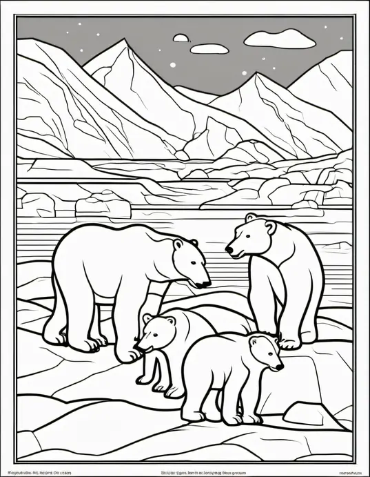 Coloring Happy Polar Bear Family in Icy Landscape