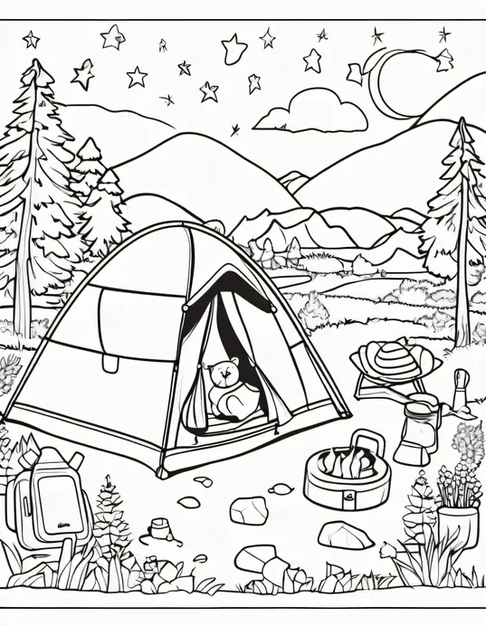 Sunset Tent Adventure Coloring Scene