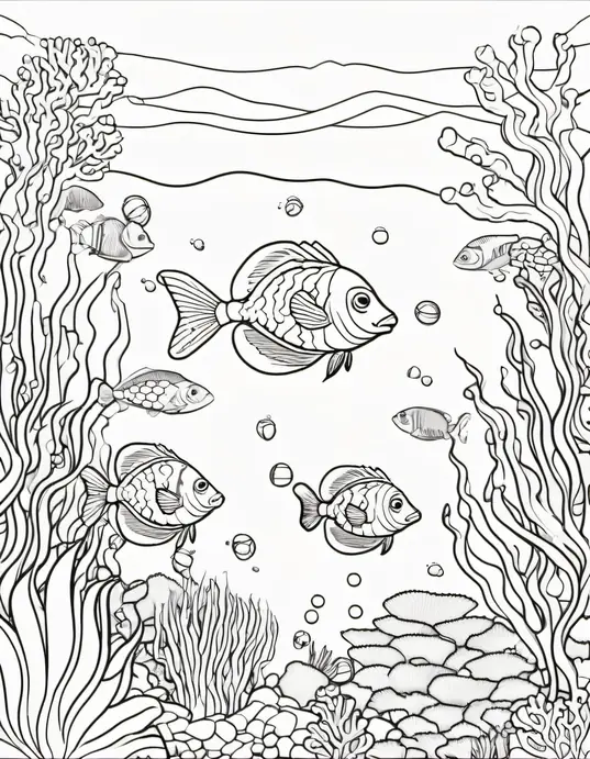 Underwater Rainbow Fish Coloring Scene