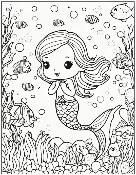 Kawaii Mermaid Underwater Coloring Scene