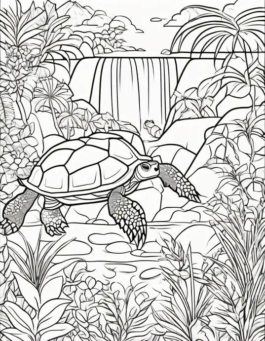 Exotic Turtle Jungle Coloring Page