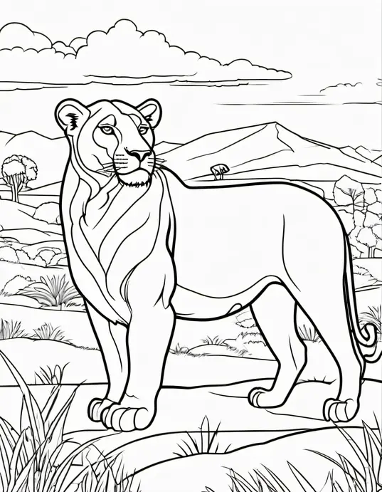 Lioness Coloring Page: Savannah Sunset Scene