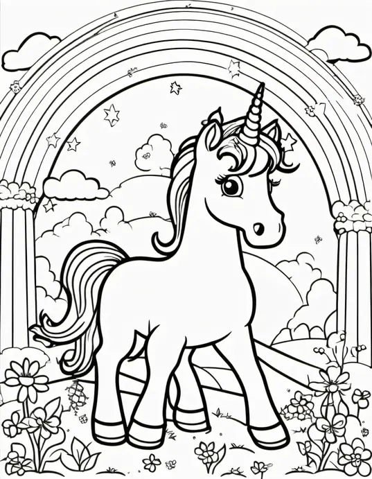 Whimsical Rainbow Unicorn Coloring Scene