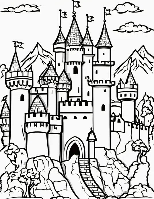Medieval Castle Coloring Page: Knights and Dragons Scene