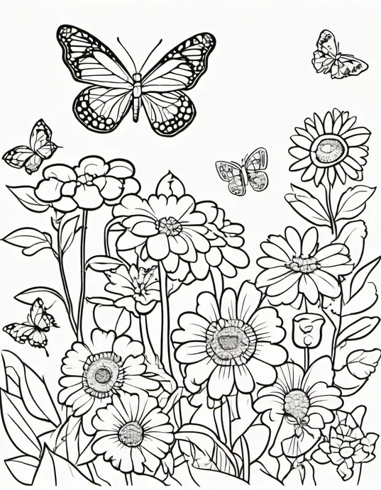 Butterfly Garden Coloring Scene for Kids