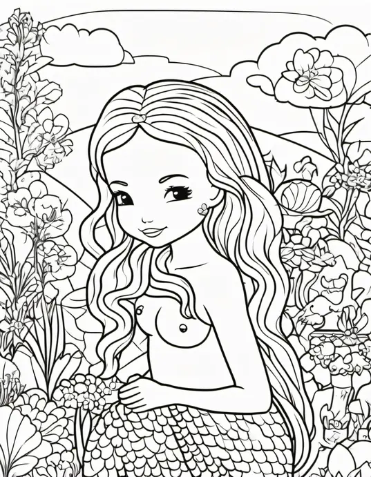 Kawaii Mermaid Garden Coloring Page for Kids