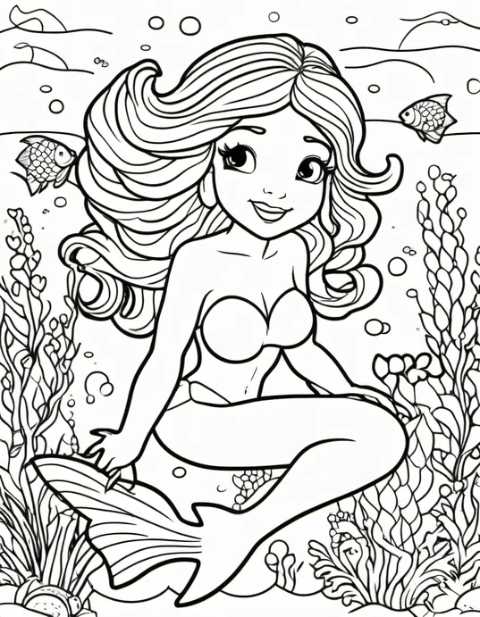 Kawaii Mermaid Underwater Coloring Scene