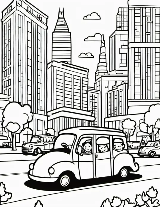 Color and Discover a Busy City Car Parade