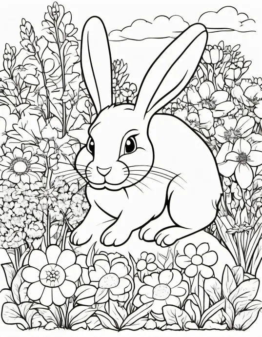Springtime Bunny Garden Coloring Page