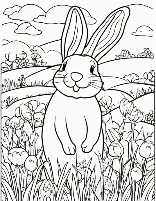 Springtime Bunny Meadow Coloring Page