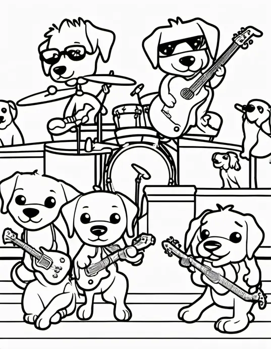 Explore Rockstar Puppy Band Coloring Page