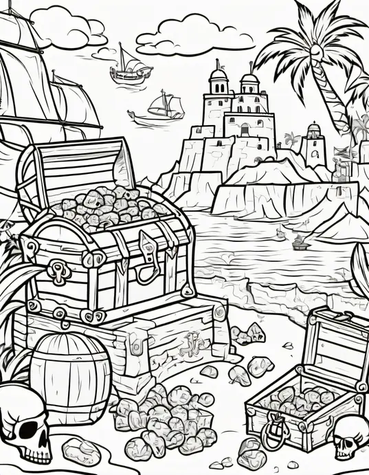 Pirate Treasure Island Coloring Scene for Kids