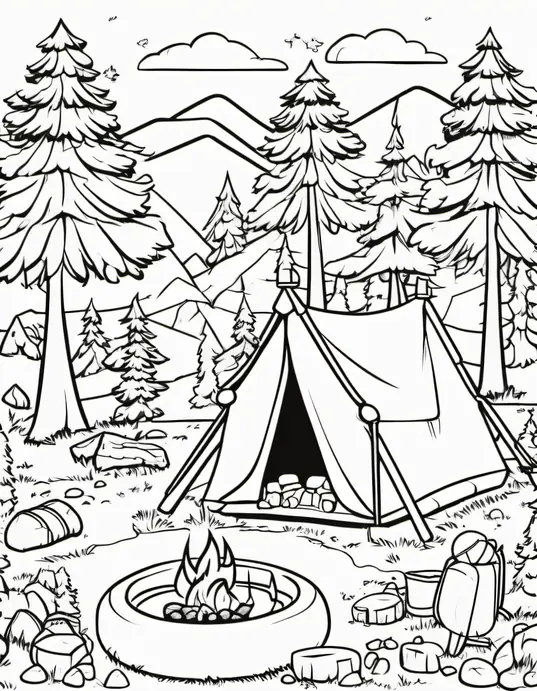 Explore the Forest Campsite Coloring Scene