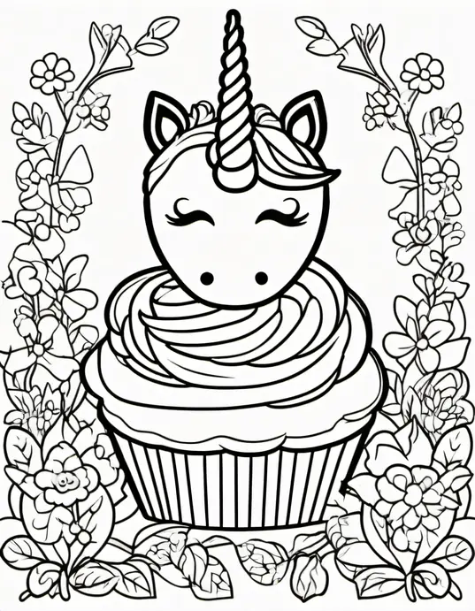 Colorful Unicorn Cupcake Garden Scene