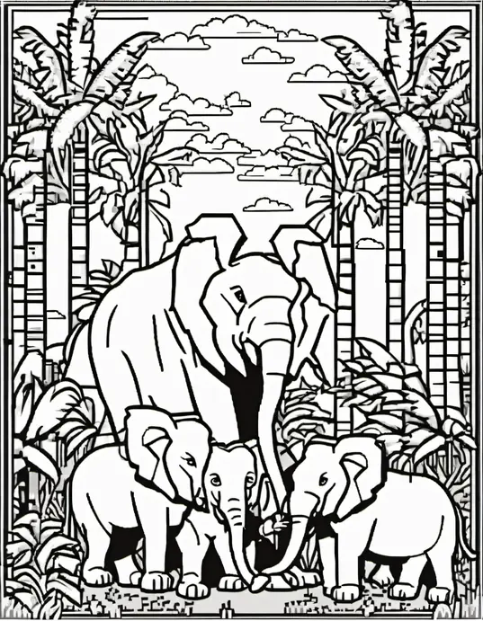Pixel Art Jungle Safari Coloring Scene for Kids
