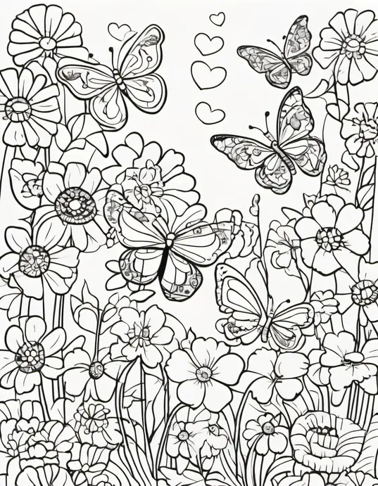 Colorful Heart Butterflies Garden Coloring Page