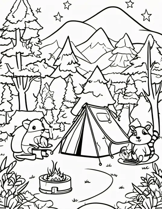Explore Forest Friends Campsite Coloring Page