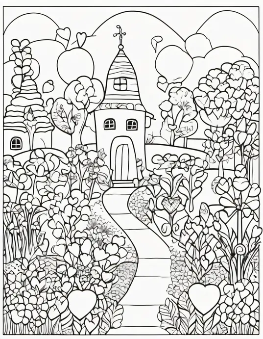 Whimsical Hearts Garden Coloring Page