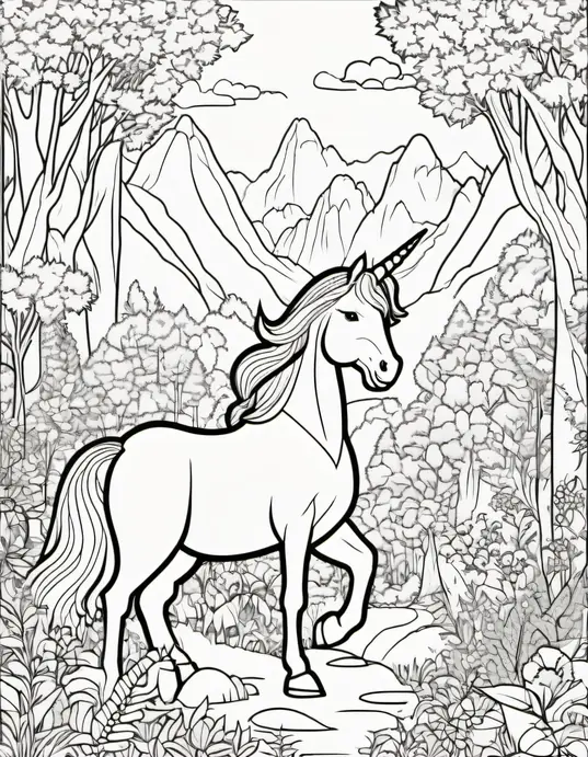 Magical Unicorn Forest Coloring Scene