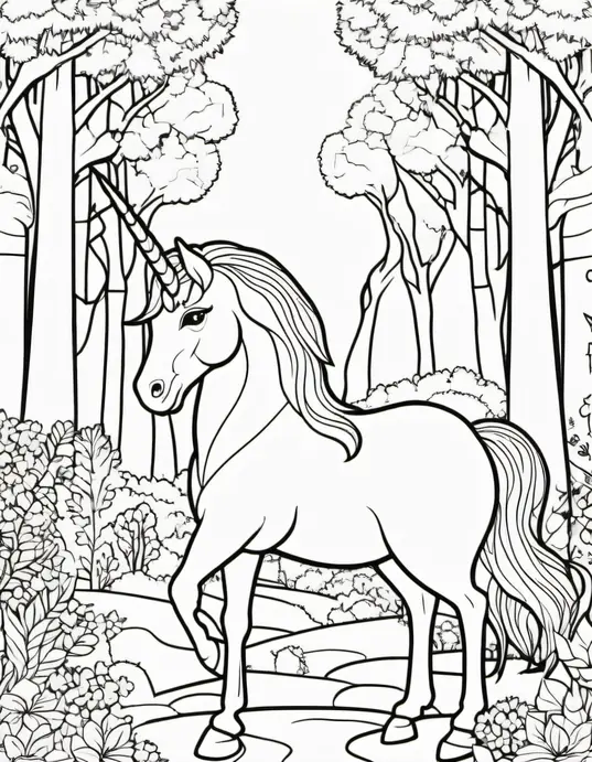 Magical Unicorn Forest Coloring Page for Kids