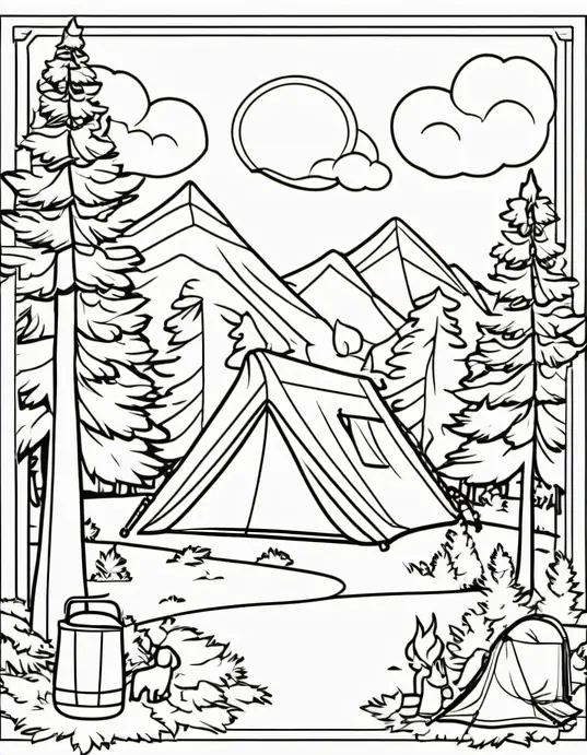 Explore Forest Campsite Coloring Scene for Kids