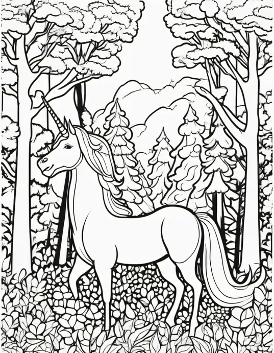 Sweet Unicorn Forest Coloring Scene for Kids