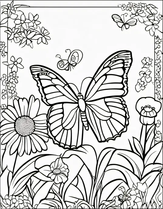 Sunny Butterfly Garden Coloring Scene for Kids