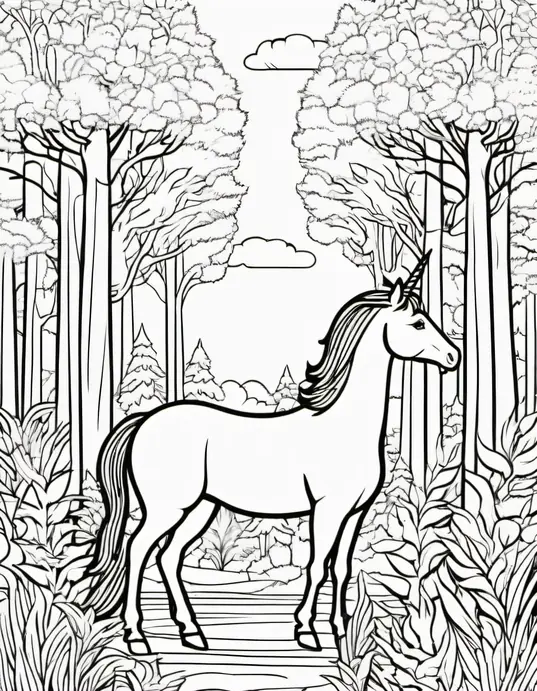 Magical Unicorn Forest Coloring Page