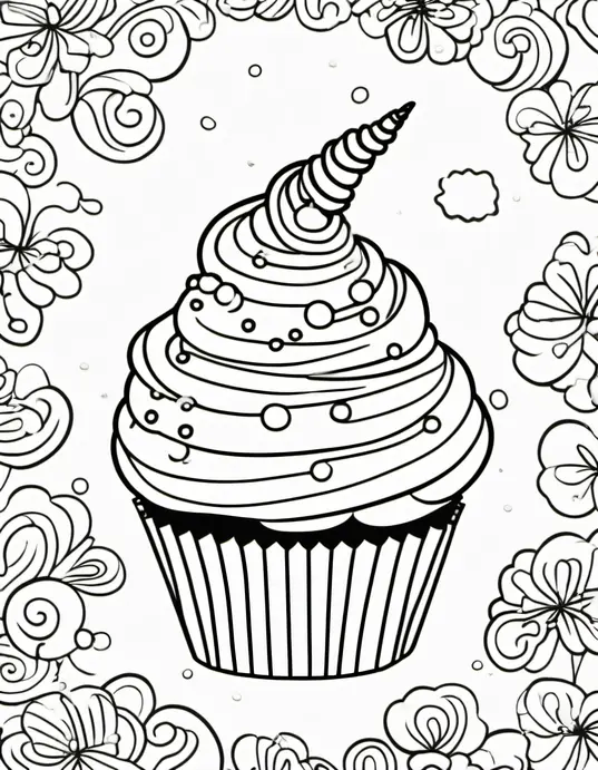 Whimsical Unicorn Cupcake Coloring Page