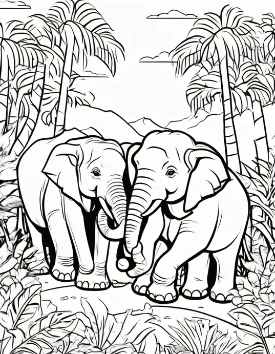 Color Jungle Elephants under the Sunset