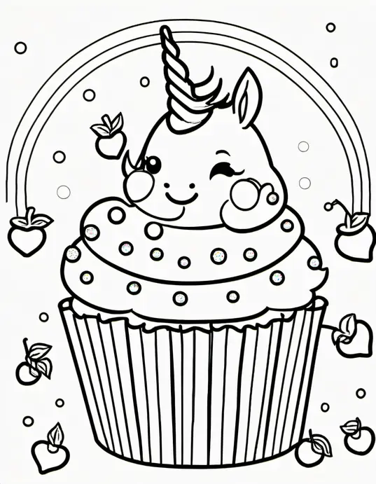 Whimsical Unicorn Cupcake Coloring Scene