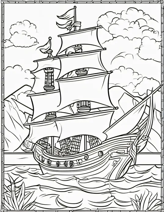 Pirate Treasure Boat Coloring Scene