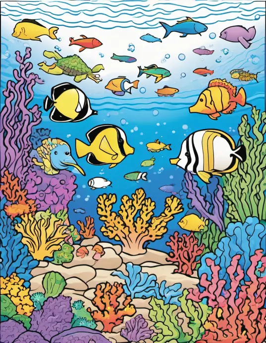 Underwater Rainbow Reef Coloring Scene