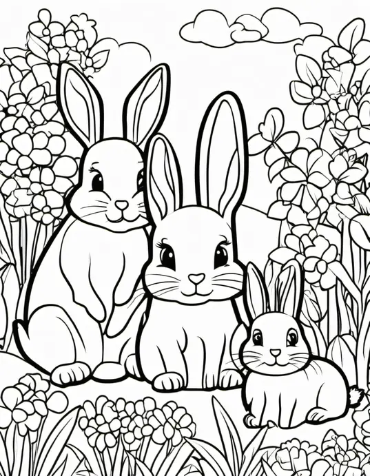 Colorful Spring Bunnies Garden Scene
