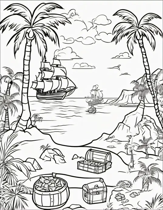 Pirate Treasure Island Coloring Scene for Kids