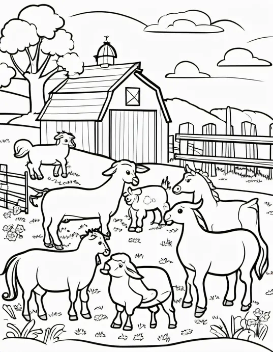 Colorful Sunset Barnyard Scene: Farm Friends at Play