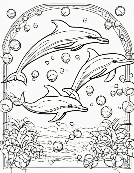 Underwater Dolphin Coloring Scene: Playful Pod Party