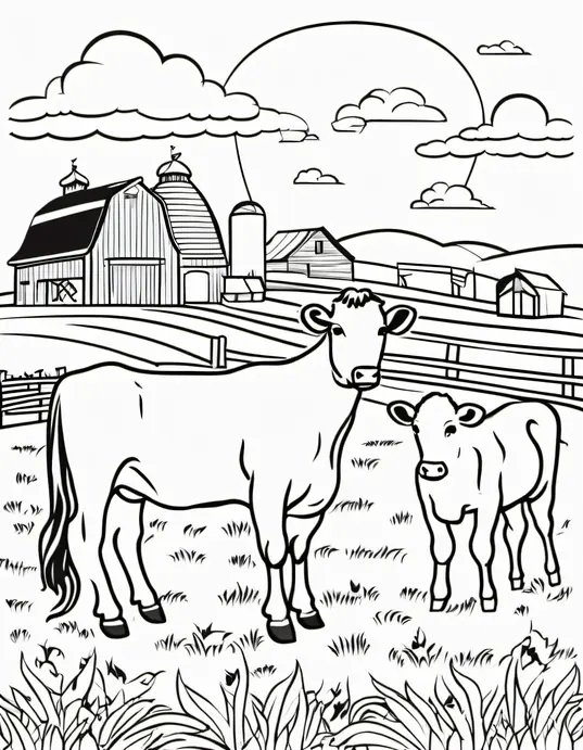 Colorful Sunset on the Farm: Cows, Horses, and Chickens