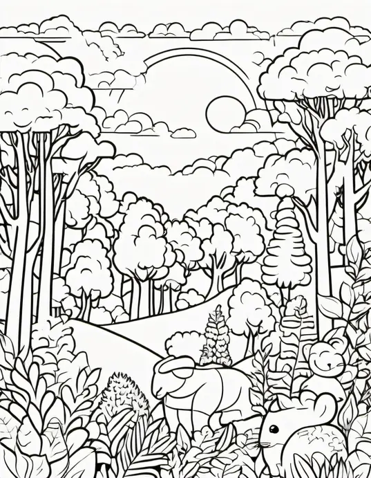 Sunset Forest Coloring Scene