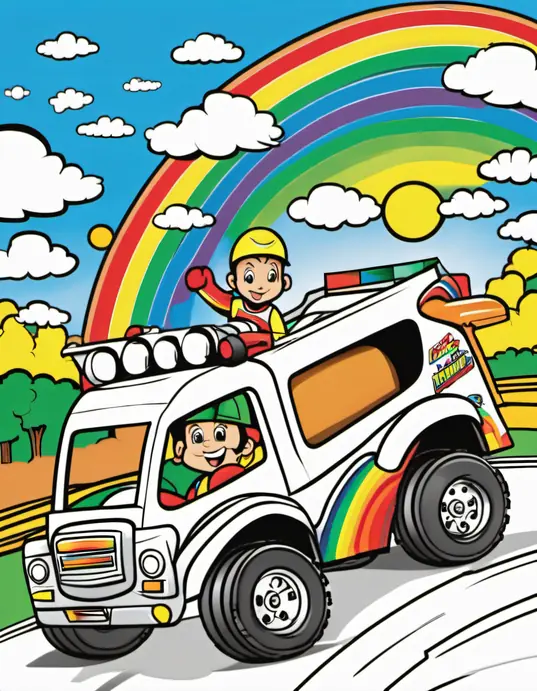 Super Trucks Coloring Page: Racing Rainbow Ride