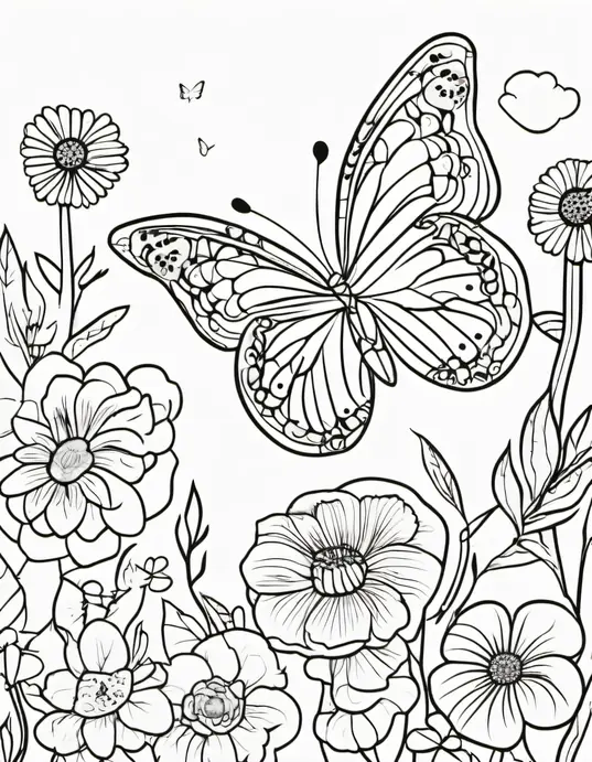 Butterfly Garden Coloring Scene for Kids