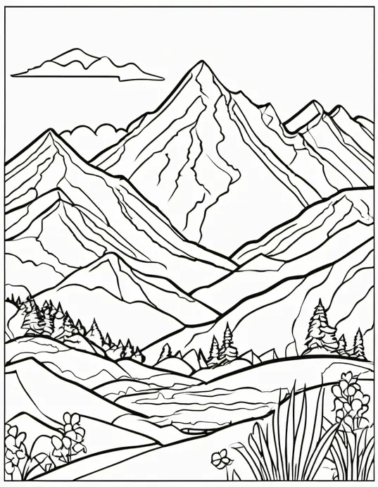 Colorful Sunset Mountain Peaks for Kids Coloring Page
