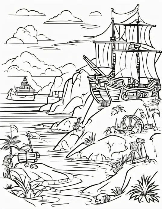 Pirate Treasure Island Coloring Scene for Kids