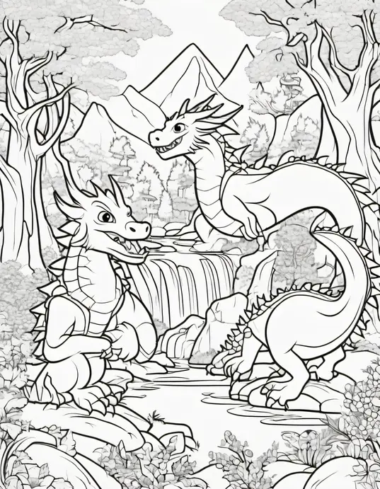 Color Cartoon Dragons in Enchanted Forest
