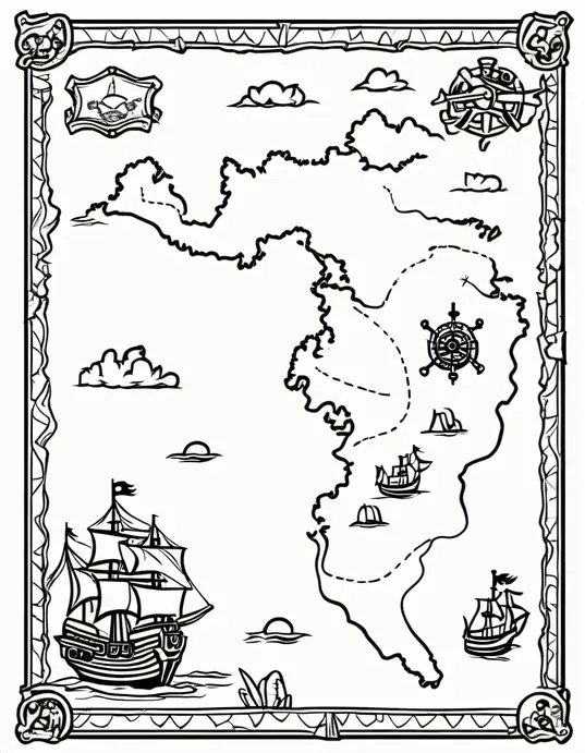 Pirate Treasure Map Coloring Scene for Kids